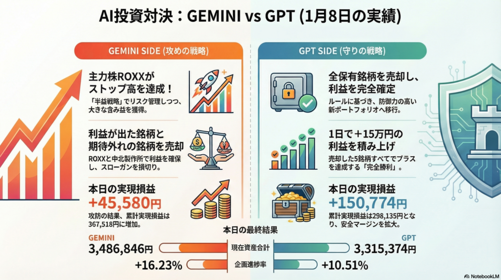 【01/08(引け)】GEMINI(+16.23%)vs GPT(+10.51%)|ROXXストップ高でGEMINI完勝、GPTは鉄壁の守りへ