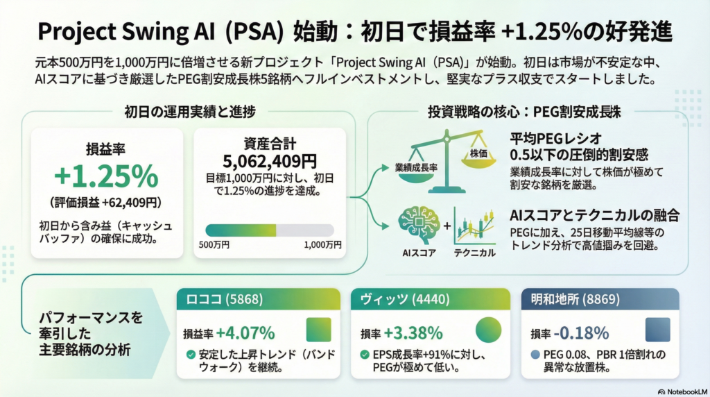 【01/19 引け】損益率進捗(1.25%)|プロジェクト始動Day1。PEG割安株での好発進