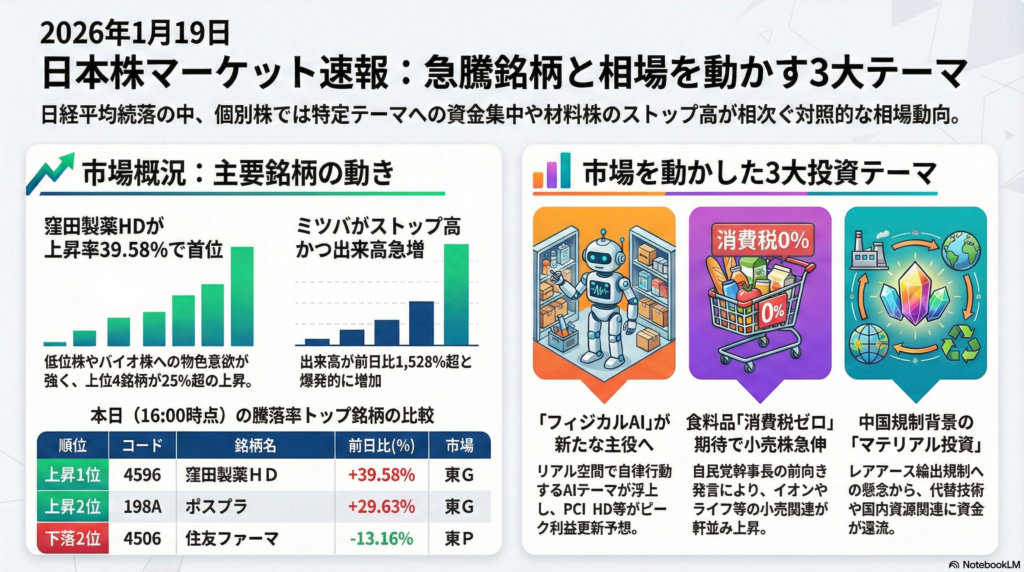 【2026/1/19市況】日経平均は続落も「選挙アノマリー」に期待?沸騰するフィジカルAIと脱レアアース株