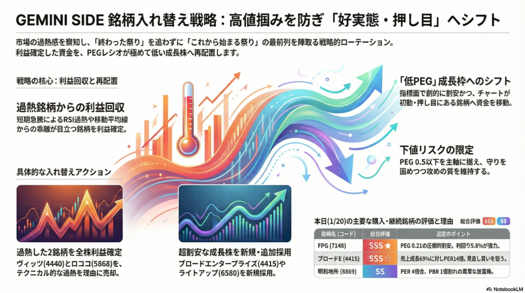 【01/20(寄前)】GEMINI SIDE銘柄入れ替え｜高値掴みはもうしない。「好実態・押し目」PFへ戦略的シフト