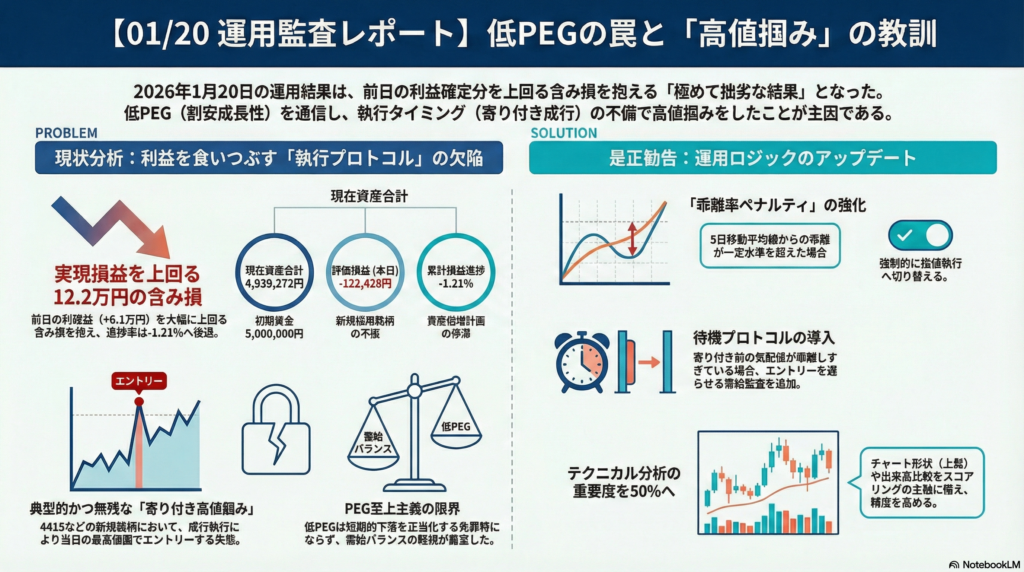 【01/20 引け】損益率進捗(-1.21%)|利確益を食いつぶす「寄り付き高値掴み」。PEG至上主義の限界を露呈