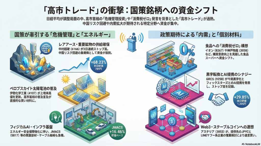 【2026/1/20市況】中村超硬が大爆騰!「高市トレード」でレアアース祭りと食品スーパーへの資金シフト