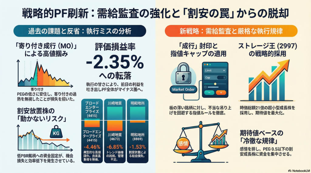 【01/21(寄前)】GEMINI SIDE銘柄入れ替え|「割安」の罠を排し、需給監査を強化した新PFへの移行