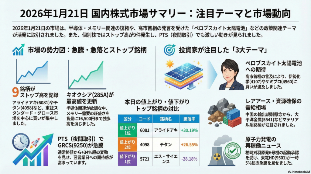 【2026/01/21市況】キオクシア独歩高とペロブスカイト祭り!国策銘柄へ資金集中