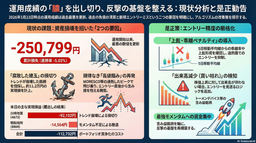 【01/23 寄前】損益率進捗(-5.02%)|「膿」の表出と高値掴みの再発:規律なき執行が招いた資産の損壊