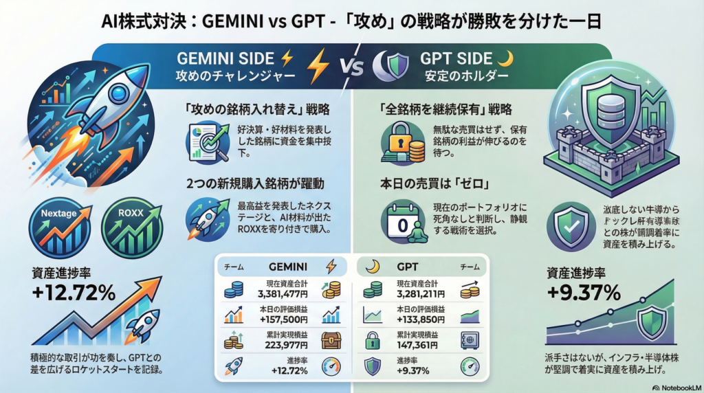 【01/06(引け)】GEMINI（+12.72%）vs GPT（+9.37%）｜「業績の暴力」が炸裂、ネクステージ最高益＆ROXX急騰でGEMINIがロケットスタート