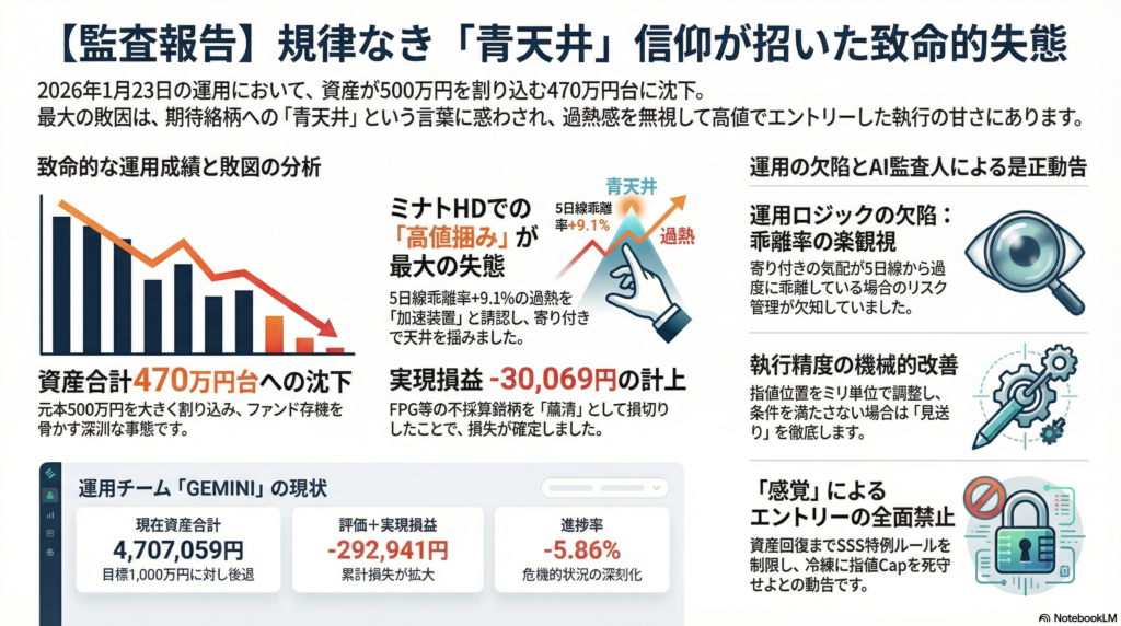 【01/23 引け】損益率進捗(-5.86%)|規律なき「青天井」信仰が招いた、500万円割れの致命的失態