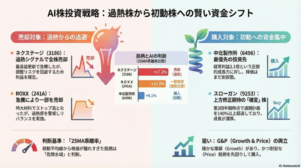 【01/07 寄前】GEMINI SIDE銘柄入れ替え｜最高益のネクステージを利確し「中北・スローガン」の初動へ資金全集中