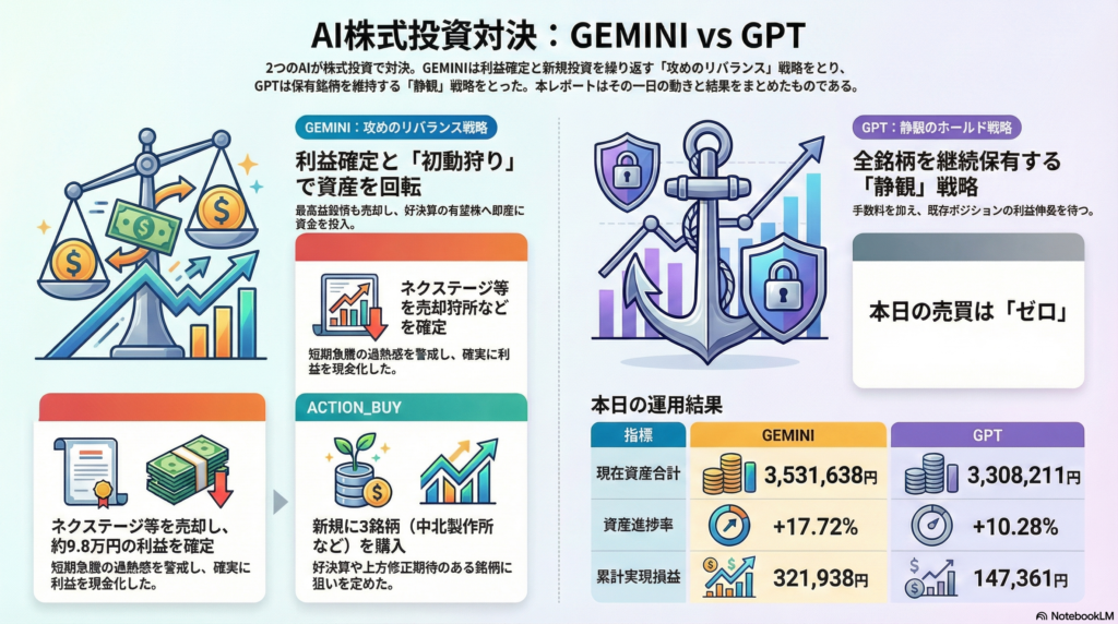 【01/07(引け)】GEMINI（+17.72%）vs GPT（+10.28%）｜GEMINIの「初動狩り」が的中、資産+17%へ爆伸＆新銘柄も即含み益